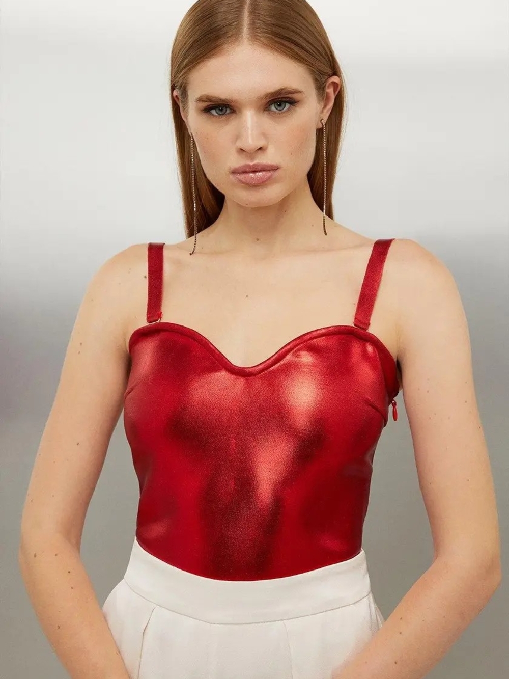Karen Millen Metallic Red Figure Form Foiled Bandage Knit Bustier Bandeau Top